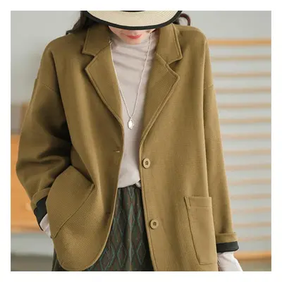 (yellow, L) Dimanaf New Women Suit Jacket Coat Button Pockets Basic Autumn Cardigan Female Loose