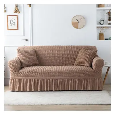 (khaki, Four persons 235-300cm) Ruffled Seersucker Sofa Cover For Living Room Thick Elastic Soli