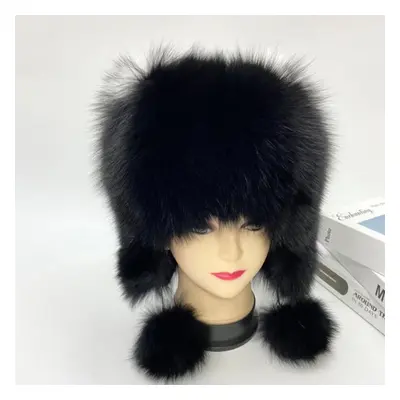 (black, One Size) Winter Hat Woman Warm Cat Ushanka Balaclava Fluffy Fox Fur Trapper Women Bombe