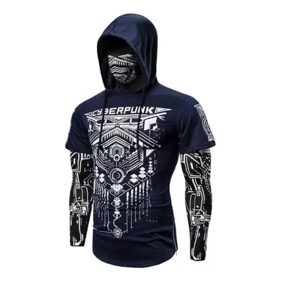 (blue, XL) Spring And Summer Personality Stretch Fitness Men&apos;s Cyberpunk Ninja Suit Hooded 