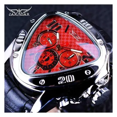 (red) Jaragar Sport Racing Design Geometric Triangle Pilot Genuine Leather Men Mechanical Watch 