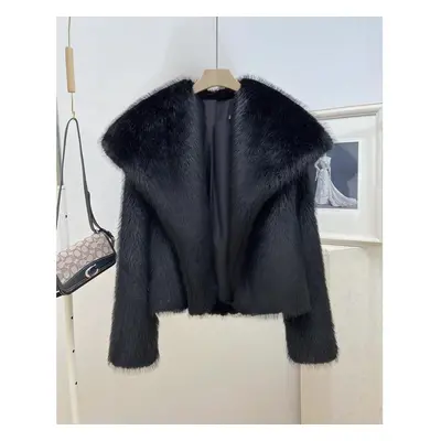 (black, S) Winter Women&apos;s Coat Fashionable Big Lapel Temperament Elegant Celebrity Long-sle