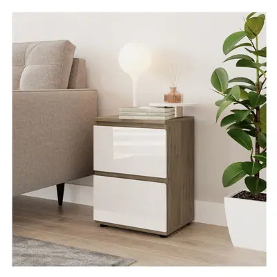 (Oak & White) High Gloss Drawer Skagen Wooden Bedside Cabinet No Handle Drawer Storage