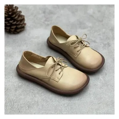 (beige, 40) Johnature Genuine Leather British Style Handmade Round Toe Lacing Flat Shoes Casual 