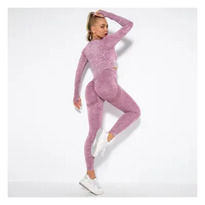 (burgundy, S) Women Seamless Washed Peach Hip Lifting Sports Running Fitness O Neck Long Sleeve 