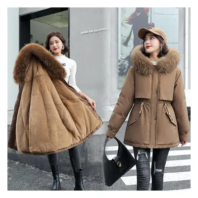 (coffee, L) Women&apos;s Winter Plus Velvet Large Fur Collar Slim Slimming Mid-length Cotton Jac