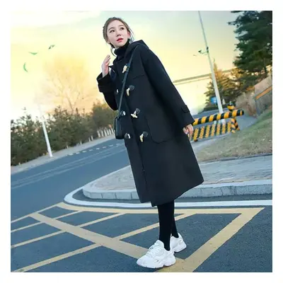 (black, L) Horn Button Woolen Coat Women&apos;s Mid-length Autumn And Winter Quilted Thickened H