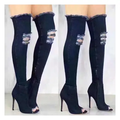 (dark blue, 35) Boots Womens Fashion Sexy Denim Long Boots Street Over The Knee Fish Mouth Retro