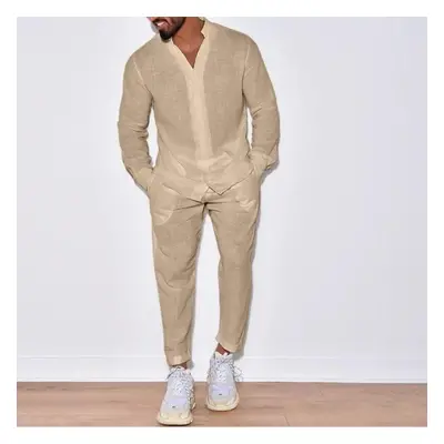 (khaki, XL) Mens Sets Linen Spring Autumn Leisure Suit Long Sleeve Shirts And Trousers Two Piece