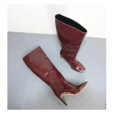 (wine red, 34) Meotina Women Knee-high Boots Shoes Square Toe Chunky Heels Long Boots Extreme Hi