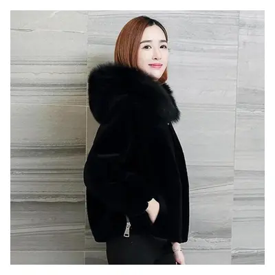 (black, L) Women&apos;s Faux Fur Coat Winter Solid Color Hooded Zipper Short Jacket Female Large