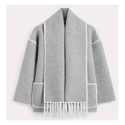 (gray, M) Woolen Jacket Women Autumn Patchwork Tassel Scarf Single Breasted Pocket Coats Casual 