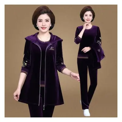 (purple, 4XL) Mom&apos;s Velvet Tracksuit Women Embroidered Plus Size Piece Outfit Casual Zip Up