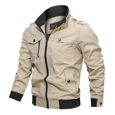 (khaki, XXXXL) Fashion Casual Solid Color Jacket Zipper Pocket Vertical Collar Large Size Jacket