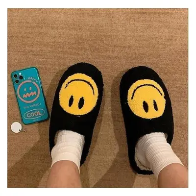 (black,yellow, 38-39) Cute Smile Face Slippers, Retro Soft Plush Furry Fluffy Indoor Outdoor Sho