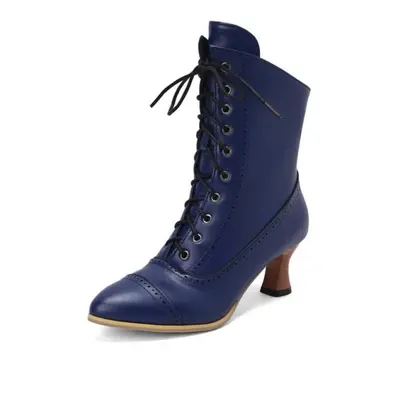 (blue, 34) Annymoli Women Ankle Short Boots Pointed Toe Block High Heels Lace-up Zipper Combat B