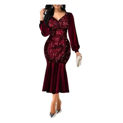 (wine red, 4XL) Slim Comfy Popular Sequin V Neck Long Sleeve Dress Prom Dress