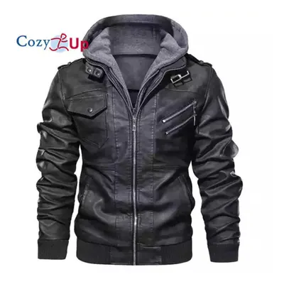 (grey, XXL) Cozy Up Men's Casual Stand Collar Pu Faux Leather Zip-up Motorcycle Bomber Jacket Wi