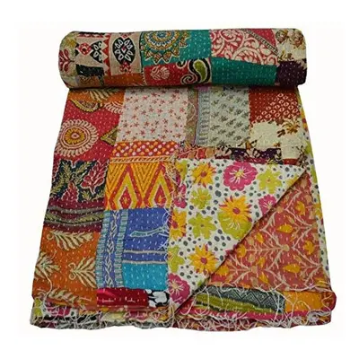 Indian Vintage patchwork Kantha Quilt Handmade Throw Reversible Blanket Bedspread Cotton Fabric 