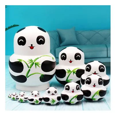 (Panda) 10Pcs/Set Cute Cartoon Russian Nesting Dolls Wooden Handmade Toy