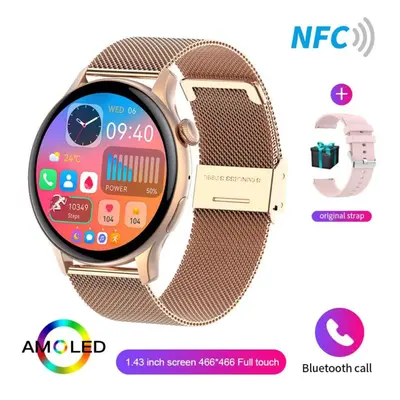 (gold, Silicone belt+mesh steel) New Women 466*466 Amoled 1.43" Screen Nfc Heart Rate Blood Oxyg