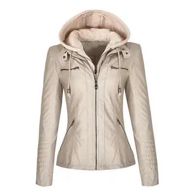 (apricot, 6XL) All Season Women&apos;s Fashion Bomber Zipper Leather Jacket Hooded Faux Coats Wi