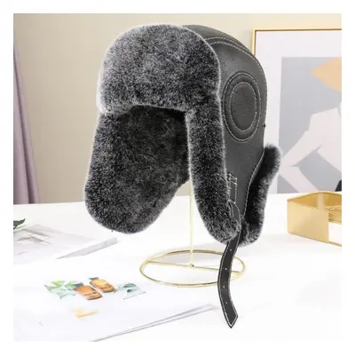 (gray, 56cm) New Winter Men&apos;s Rex Rabbit Fur Bomber Hat Ushanka Cap Trapper Fluffy Man Ski 