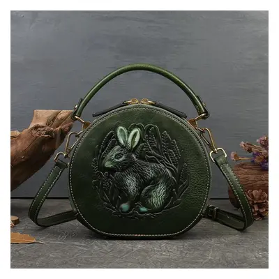 (green) Johnature Rabbit Embossed Handbag Genuine Leather Retro Women Bag Versatile Real Cowhide