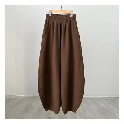 (coffee, S) Johnature Women Vintage Bloomers Pants Solid Color Patchwork Elastic Waist Spring Tr