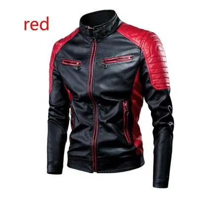 (red, XXL) Warm Leather Jacket Jacket Men Tops Men&apos;s Casual Motorcycle Stitching Wool Leath