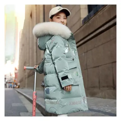 (green, 13-14) New Winter Down Cotton Jacket Girls Waterproof Hooded Coat Children Outerwear Clo