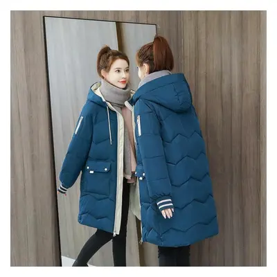 (blue, L) Women Winter Warm Coat Fashion Hooded Down Jacket Cotton Padded Long Female Zipper Out