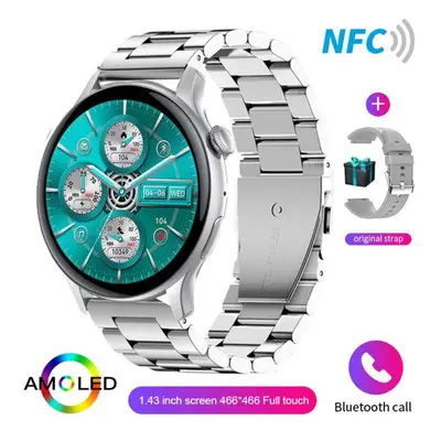 (silver, Silicone belt + steel) New Women 466*466 Amoled 1.43" Screen Nfc Heart Rate Blood Oxyge