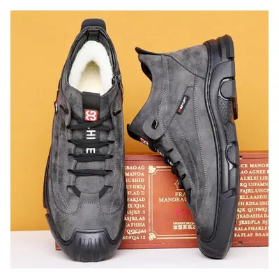 (gray, 43) Men Winter New Business Casual Warm Leather Shoes Fur Lined Outdoor Snow Boots For Ma