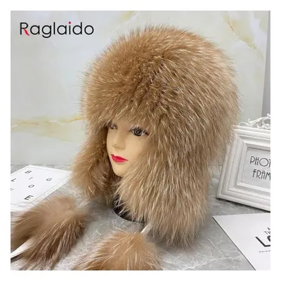 (gold, head size 55-59cm) New Fluffy Soviet Hat Real Fox Fur Hats For Woman Winter Octopus Bombe