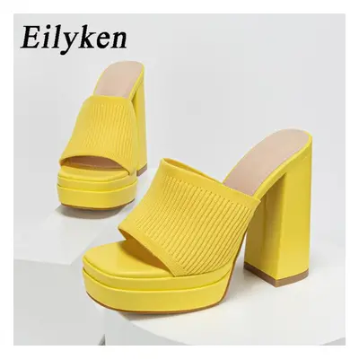 (yellow, 37) Eilyken Roma Style Knitted Platform Chunky High Heels Slippers Women Casual Peep To