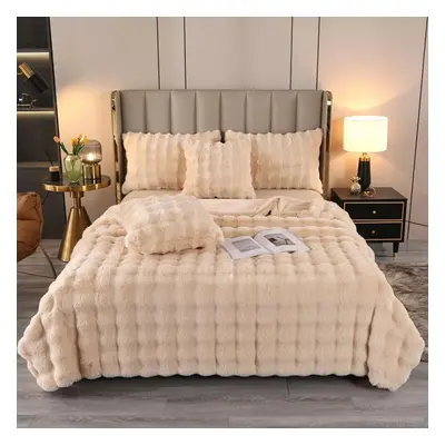 (beige, 200*230CM) Rabbit Fur Thickened Double Layer Warm Sofa Napping Blanket Faux Fur Blanket