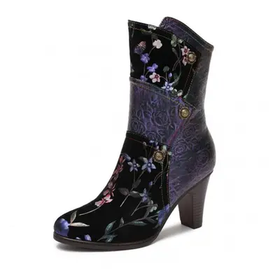 (purple, 42) Johnature High Heel Boots Women Shoes Genuine Leather Print Cloth Mixed Colors Retr