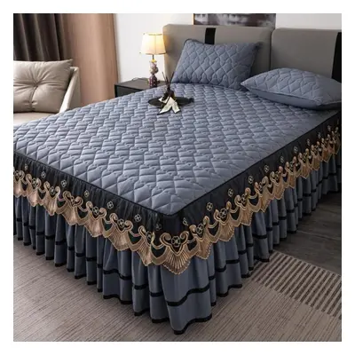 (dark grey, 180*220cm) Cotton Thickened Princess Style Lace Bed Skirt Three Pieces Set 1.8m/1.5m