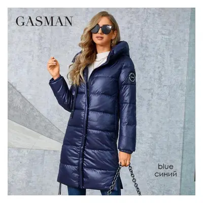 (blue, XXL) Gasman Women&apos;s Winter Down Jacket Long Classic Design Zipper Breasted Belt Pock