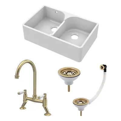 Fireclay Kitchen Bundle - Double Bowl Stepped Weir Butler Sink, Wastes & Bridge Lever Tap, 795mm