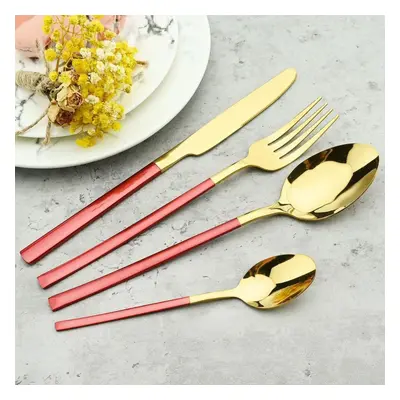 (red,gold) 24pcs Black Gold Cutlery Set Stainless Steel Dinnerware Knives Fork Spoon Dinner Tabl