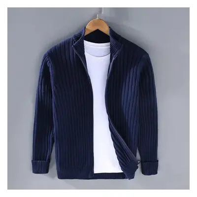 (blue, L) Autumn Winter Men Cardigan Sweater Men&apos;s Stand Collar Zipper Cotton 100% Thickene