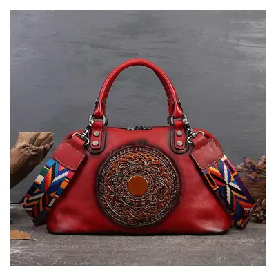 (red) Johnature Handmade Retro Totem Women Handbag Genuine Leather Versatile Casual Tote Real So