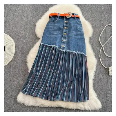 (blue, L) Design Sense Draped And Versatile Chiffon Pleated Stitched Denim Skirt In Spring, Thin