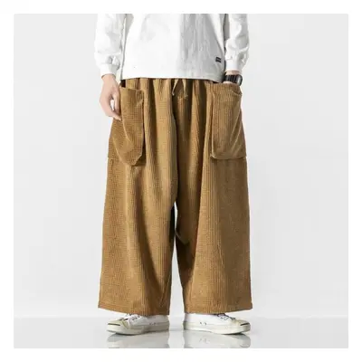 (khaki, M) Corduroy Cargo Pants Japanese Vintage Side Pockets Harem Pants Casual Streetwear Jogg