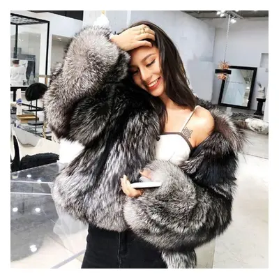 (as the picture, 5XL) Winter Fashion Women&apos;s Artificial Silver Fox Fur Coat Fluffy Thick Wa