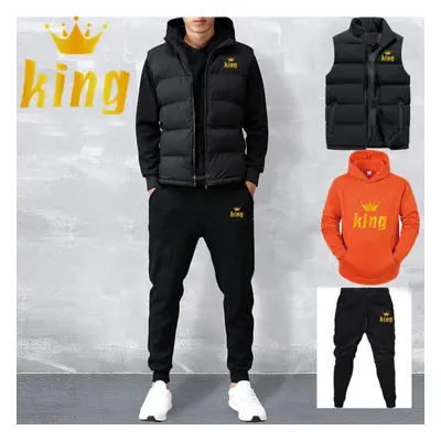 (orange, 2XL) Men Casual Sets Vest + Hoodies + Pants Piece Tracksuit Male Sportswear Set