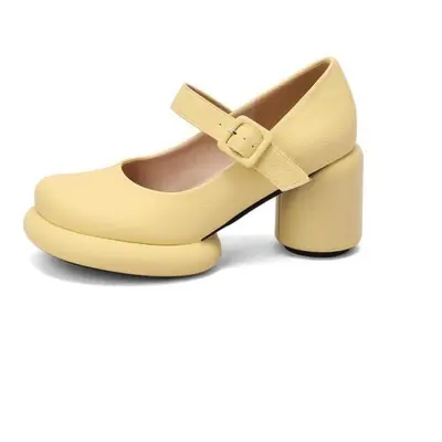 (yellow, 38) Women Pu Leather Pumps Chunky Heel Round Toe Mary Janes Buckle Sweet Party Spring A