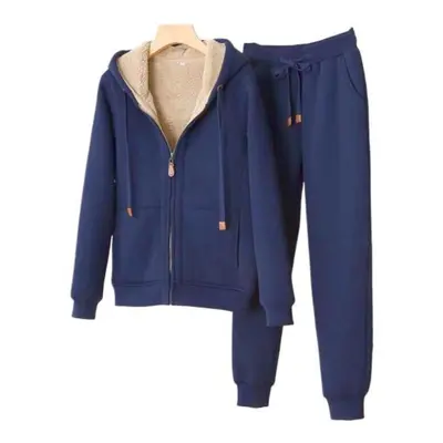 (blue, 3XL) 2pcs/set Long Sleeves Zipper Closure Elastic Waist Multi Pockets Fleece Lining Women